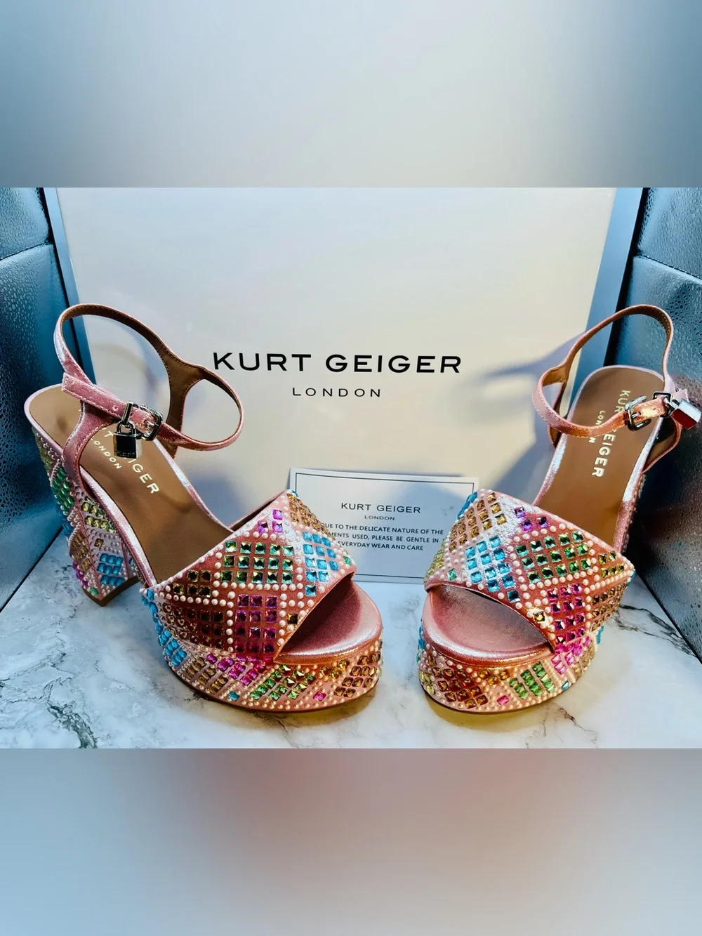 Kurt Geiger London Brixton Multicolor Jeweled Platform Sandals Open Pink. Sz 7.5